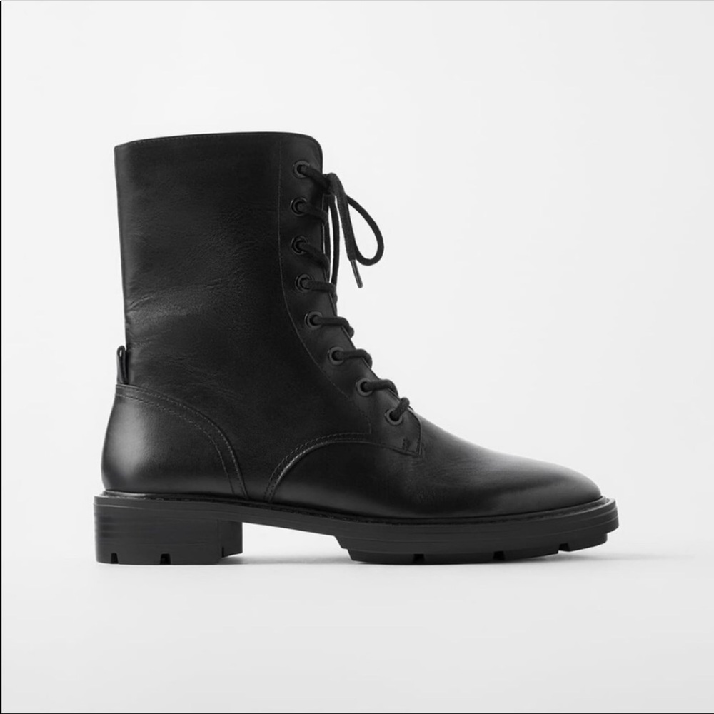 Zara Leather Combat Boots, Black, Size 38 (8)